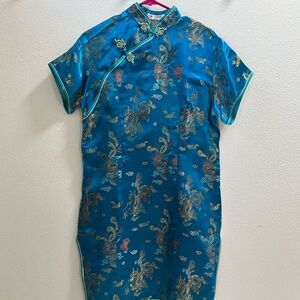 Blue/Aqua and Gold Qipao Cheongsam Dress